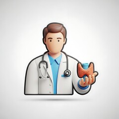 Fototapeta premium A 3D illustration of a male physician character presenting a thyroid gland model. A concept for endocrinology and healthcare.