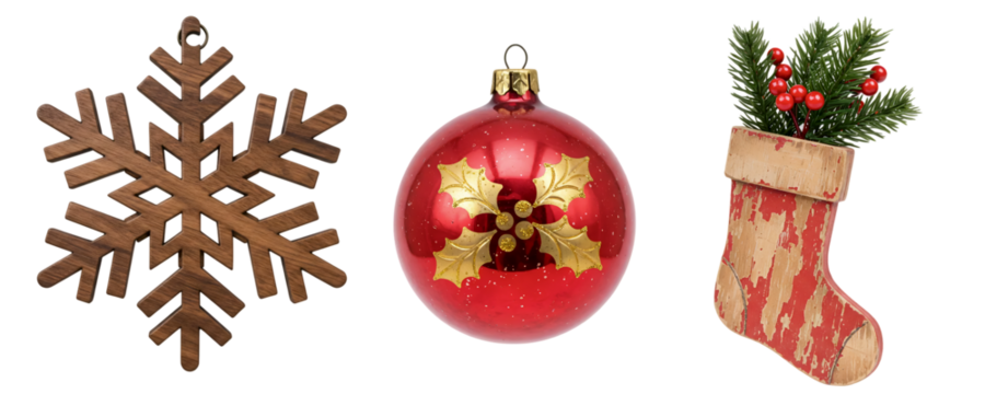 A set of classic Christmas decorations, including a large wooden snowflake, a simple red bauble, and a red stocking. This collection combines rustic and traditional holiday elements.
