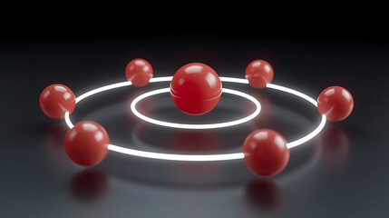 Abstract 3D rendering of atomic model with glossy red and white spheres, arranged along circular orbital paths, set against a sleek black background, focusing on the central red sphere.