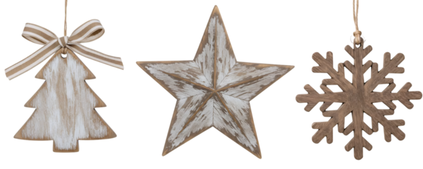 A set of three rustic ornaments, including two wooden stars and a wooden snowflake. This collection is perfect for a minimalist, Scandinavian, or farmhouse-style holiday theme.