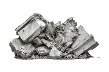 Remains of destruction from a collapsed structure showing chaotic debris in a panoramic view of an urban landscape