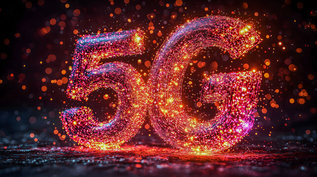 5G network interface formed as a particle typography on black