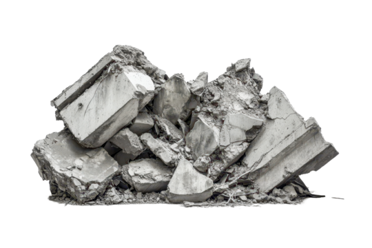 Remains of destruction from a collapsed structure showing chaotic debris in a panoramic view of an urban landscape