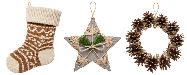 A set of three rustic Christmas decorations, featuring a burlap stocking, a wooden star, and a twig wreath. This charming collection is perfect for a farmhouse or country-style holiday.