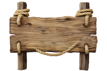 Wooden sign with ropes hanging on wooden posts, designed for outdoor locations or rustic themes, suitable for various purposes, featuring a natural aesthetic and sturdy construction