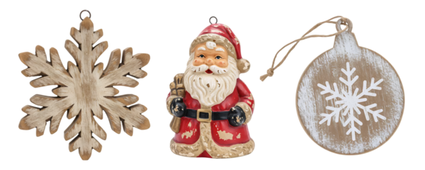 A set of rustic, folk-art style Christmas ornaments, including a wooden snowflake, a Santa Claus figure, and another snowflake. This collection is perfect for a traditional holiday theme.