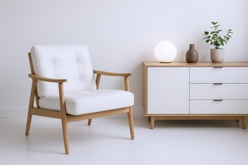Minimalist Interior Scene Featuring a White Tufted Armchair and Light Wood Cabinet with Decorative Objects and Ambient Lighting
