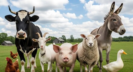 Diverse group of friendly farm animals posing together in a sunny rural pasture