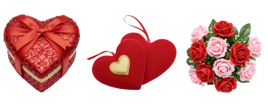 A romantic collection for Valentine's Day, featuring a heart-shaped box of chocolates, a decorative heart, and a bouquet of red roses. This set is a classic symbol of love and affection.