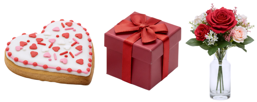 A sweet Valentine's Day gift set, including a heart-shaped cookie, a red gift box, and a single red rose in a vase. This collection represents a charming and thoughtful romantic gesture.
