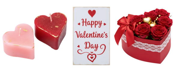A collection of Valentine's Day greetings and gifts, with two romantic cards, a "Happy Valentine's Day" sign, and a box of red roses. This set is perfect for expressing love and affection.