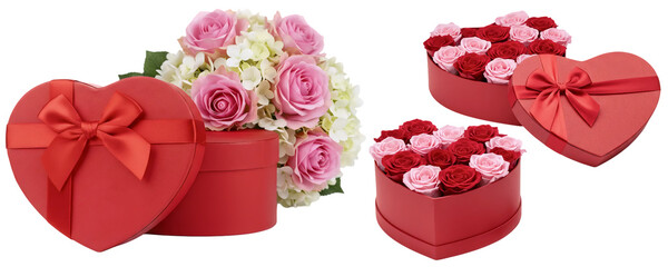 An assortment of luxurious Valentine's Day gifts, including a bouquet of pink and red roses and two heart-shaped gift boxes. This collection symbolizes grand romantic gestures and surprises.