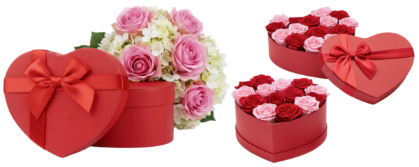 An assortment of luxurious Valentine's Day gifts, including a bouquet of pink and red roses and two heart-shaped gift boxes. This collection symbolizes grand romantic gestures and surprises.