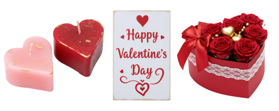A collection of Valentine's Day greetings and gifts, with two romantic cards, a "Happy Valentine's Day" sign, and a box of red roses. This set is perfect for expressing love and affection.