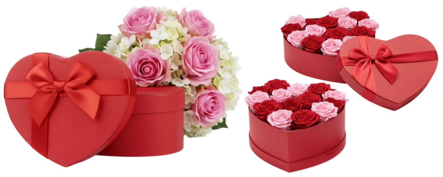 An assortment of luxurious Valentine's Day gifts, including a bouquet of pink and red roses and two heart-shaped gift boxes. This collection symbolizes grand romantic gestures and surprises.