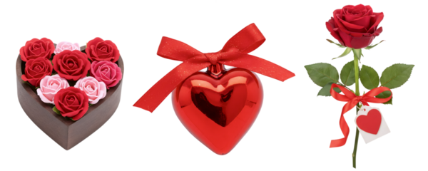 A collection of sweet Valentine's Day gifts, featuring two heart-shaped boxes of chocolates and a single red rose. This classic set is a perfect symbol of romantic affection and treats.