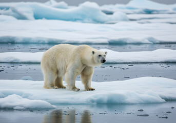 A polar bear stands on an ice floe in the Arctic, surrounded by a landscape of icebergs and frigid water.