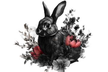Rabbit surrounded by flowers, showcasing intricate details of fur and floral elements on a transparent background