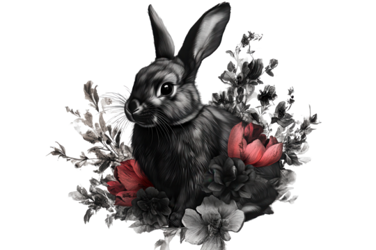 Rabbit surrounded by flowers, showcasing intricate details of fur and floral elements on a transparent background