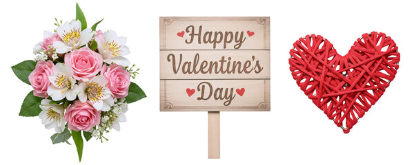 Obraz premium A festive Valentine's Day set with a bouquet of flowers, a 