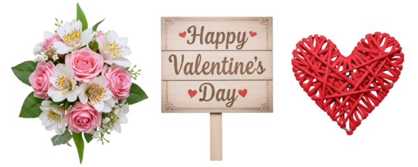 A festive Valentine's Day set with a bouquet of flowers, a "Happy Valentine's Day" wooden sign, and a red heart balloon. Perfect for creating a cheerful and romantic greeting or decoration.