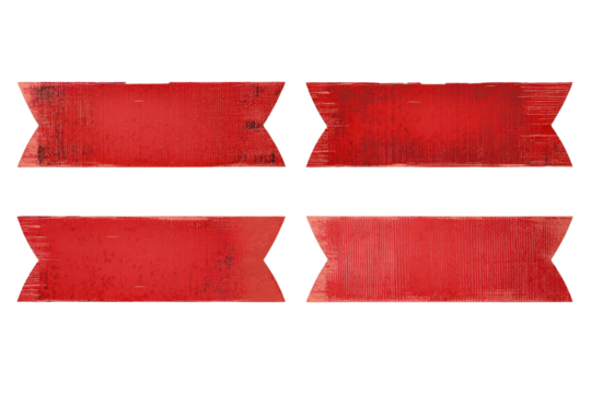 Set of red banner ribbons displayed on a dark background for decoration or announcement purposes in various shapes and textures