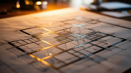 Detailed architectural drawing of a house floor plan, illuminated by soft light, highlighting construction elements