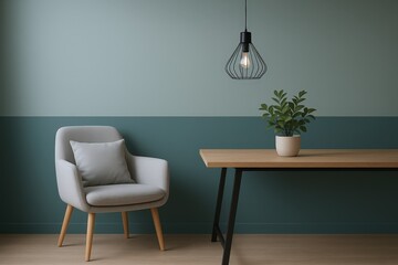 Modern Living Room Scene Featuring a Comfortable Armchair, Wooden Table with a Potted Plant, and Industrial Pendant Light.
