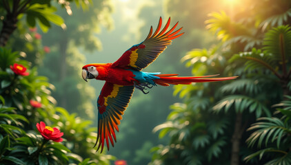 A tropical parrot in graceful motion through a rainforest filled with plants and filtered sunlight.