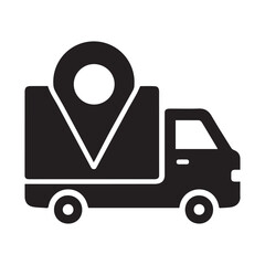 Illustration of a delivery truck with a location pin on top indicating shipping destination point on route