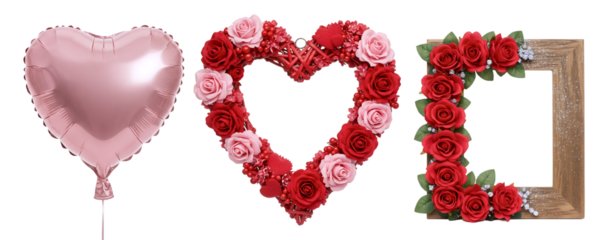 A romantic set for Valentine's Day, featuring a pink heart-shaped balloon, a heart made of roses, and an empty wooden frame. This collection is perfect for creating personalized romantic messages.