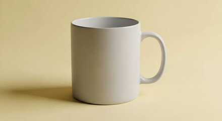 Obraz premium A plain, empty, ceramic mug with a handle sits on a light yellow background, casting a shadow.