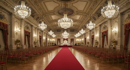 Obraz premium Grand Ballroom with Red Carpet and Chandeliers
