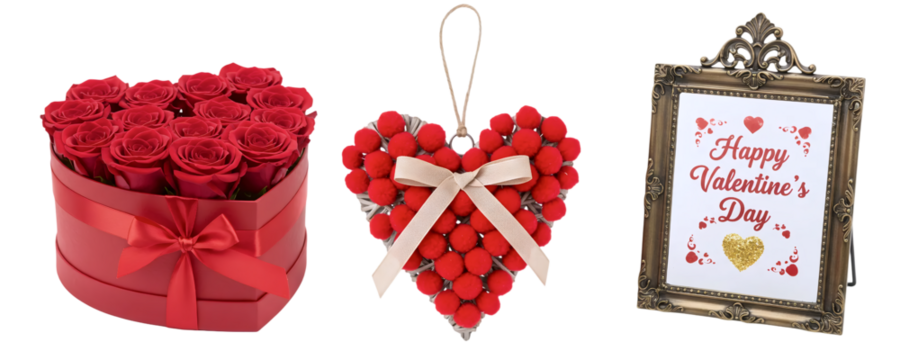 A beautiful Valentine's Day gift set with a round box of red roses and a framed "Happy Valentine's Day" picture. This collection is perfect for a thoughtful and lasting romantic gesture.