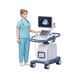 Female sonographer in scrubs with a modern ultrasound machine for medical diagnostics. 3D rendering concept for healthcare.