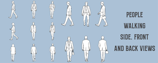 Architectural Drawings people walking in isolated side, front, and back views vector illustration,  human person Minimal style hand drawn.