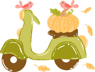 Groovy retro autumn pumpkin and bird hippie cartoon doodle playful and vibrant fall season illustration.