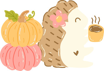Groovy retro autumn hedgehog drinking coffee and pumpkin hippie cartoon doodle playful and vibrant fall season illustration.