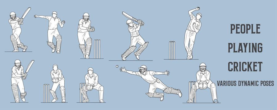 Architectural Drawings people playing cricket in various dynamic poses such as batting, bowling, fielding, and wicketkeeping vector illustration, side view, human person Minimal style hand drawn.