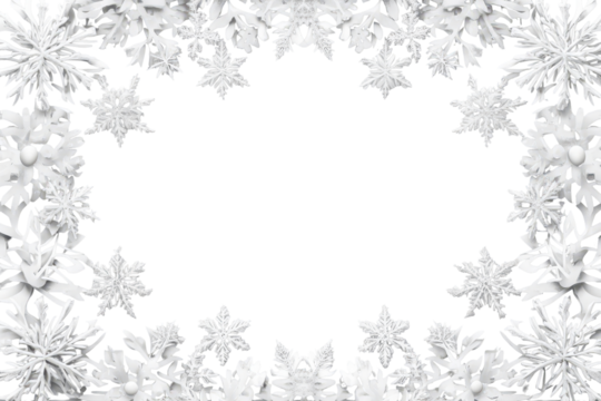 Delicate white snowflake border frame perfect for winter-themed designs, greeting cards, and holiday decorations featuring intricate details isolated on a bright background