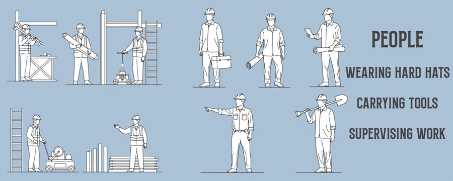 Architectural Drawings people wearing hard hats, carrying tools, or supervising work on-site vector illustration, side view, human person Minimal style hand drawn.