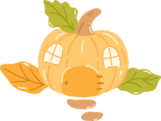 Groovy retro autumn pumpkin house hippie cartoon doodle playful and vibrant fall season illustration.