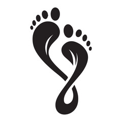 Two stylized black footprints intertwined forming an infinity symbol with leaf accents on a white background