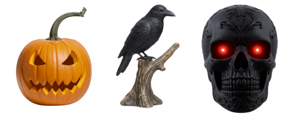 A spooky Halloween collection with a jack-o'-lantern, a creepy bare branch, a black raven, and a skull with glowing red eyes. This set is perfect for a dark and scary horror theme.