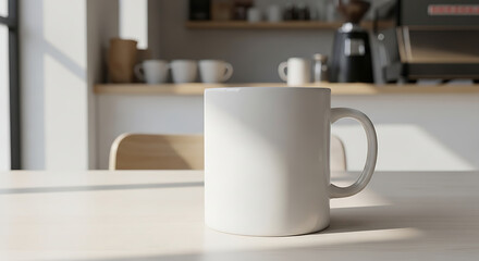 Obraz premium A white mug sits on a bright, sunlit table in a cafe setting with blurred background details.