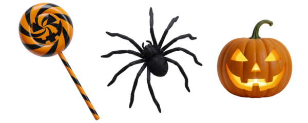 A set of Halloween treats and spooky symbols, including a swirl lollipop, a large black spider, and a carved pumpkin. This collection is perfect for a fun and creepy trick-or-treat theme.