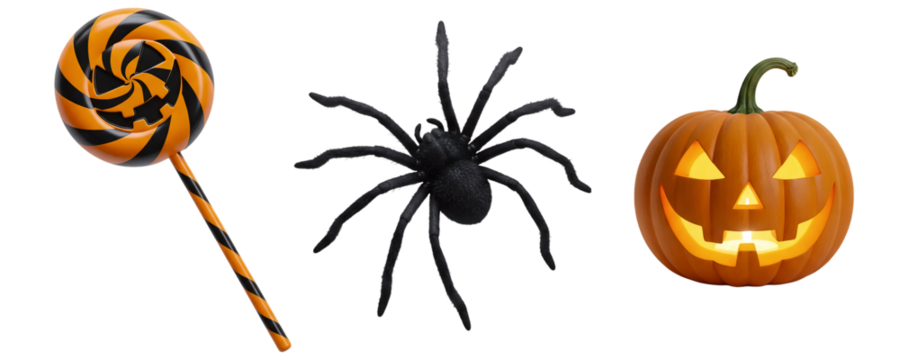 A set of Halloween treats and spooky symbols, including a swirl lollipop, a large black spider, and a carved pumpkin. This collection is perfect for a fun and creepy trick-or-treat theme.