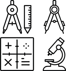 A collection of simple line art icons representing geometry, math, and science tools including compasses, ruler, pencil, grid, and microscope.