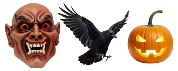 A scary Halloween set featuring a monstrous horror mask, a black raven or crow, and a carved pumpkin. This collection is perfect for creating a truly frightening and atmospheric design.
