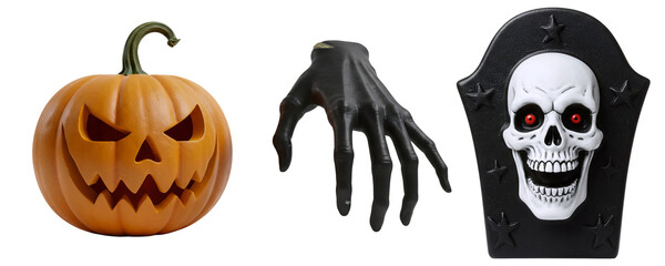 A spooky Halloween set with a carved jack-o'-lantern, a creepy zombie hand, and a grim reaper mask. This collection is perfect for a horror-themed party or haunted house concept.